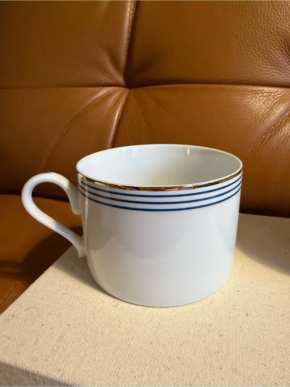 Pottery Barn Vintage Blue Stripe Gold Rim Porcelain Mugs Set of 3